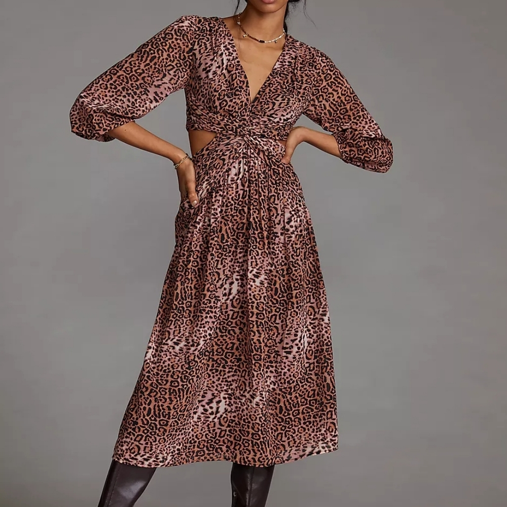 ANTHROPOLOGIE RANNA GILL Brown Animal Print V-Neck Cut-Out Midi-Length Dress